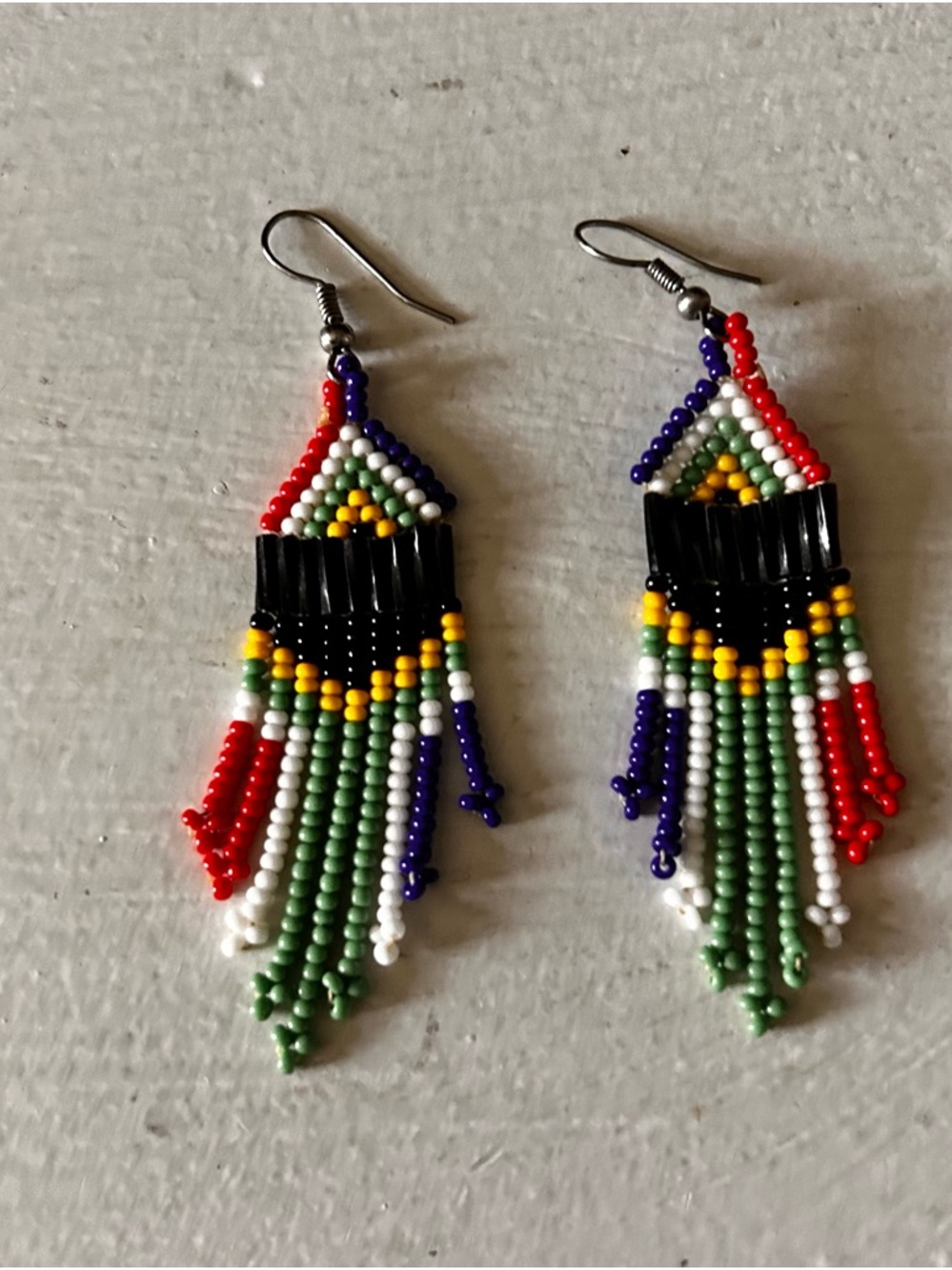 Handmade Multicolor Beaded Fringe Earrings - Red, Green & Black